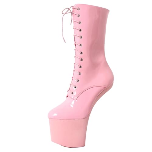 RJXGECUF High Heels 20cm Absatzlose Stiefeletten mit Dicker Sohle, verspiegelte Lackleder-Poledance-Schuhe,Pink-46