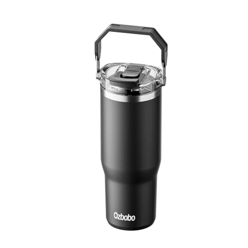 Ozbobo 30 oz Tumbler with Handle,Tumbler With Straw And Lid, Insulated Water Bottle With Two in One BPA-Free Lid,100% Leak Proof Stainless steel bottle (Black)