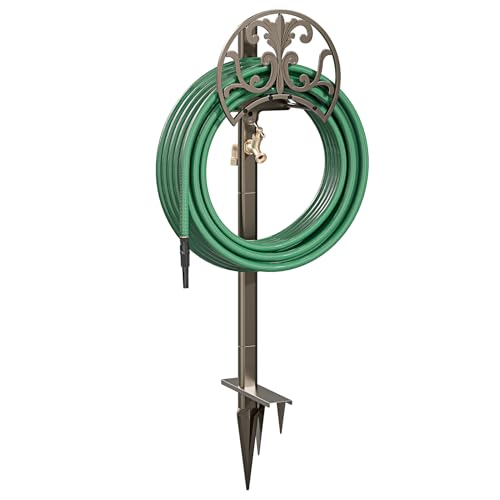 GOFORWILD Garden Hose Stand with Brass Faucet Detachable Heavy Duty Water Hose Holder Freestanding Metal Hose Reel Decorative Storage Hanger Holds 150-Feet Hose for Outside Patio Lawn Yard