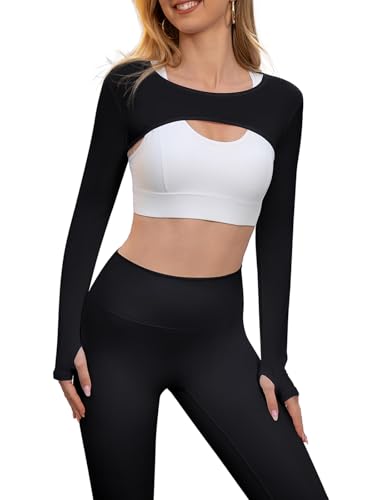 Women Long Sleeve Crop Top Bolero Thumbhole Workout Cropped Shirts Sports Shrug