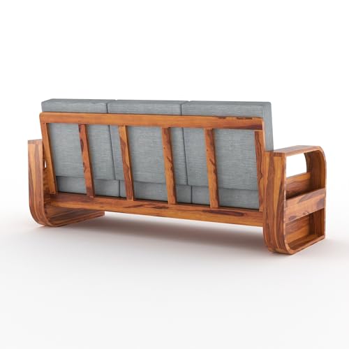 Image of Sheesham Wood 5-Seater Sofa Set - Solid Wood Furniture with Honey Finish & Grey Cushions | Wooden Sofa for Living Room & Home Office