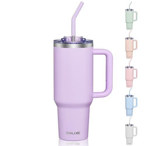 COKTIK 40 oz Tumbler With Handle and Straw Lid, Vacuum Insulated Travel Coffee Mug Stainless Steel Insulated Cup for Beverages, Leak-proof, Cupholder Friendly (Lavender)
