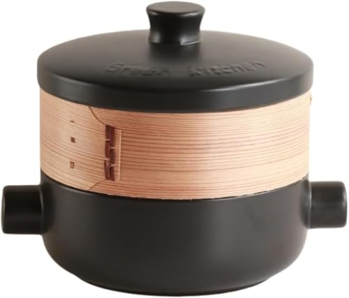 Fiegcit セラミックスープ鍋 タジン鍋 モロッコ料理 蓋付き 多機能シチューポット 耐熱 直火 調理器具 (2.5L ブラック 丸型ハンドル スープポット(蒸し器付き))