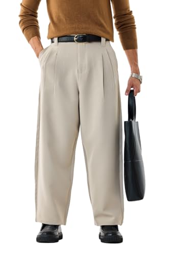 Image of SNITCH Men Casual Trousers | Baggy Fit Wide-Leg Design with Pleated Front & Button Closure | Durable Polyester Blend & Medium-Stretch Fabric for Summer Wear