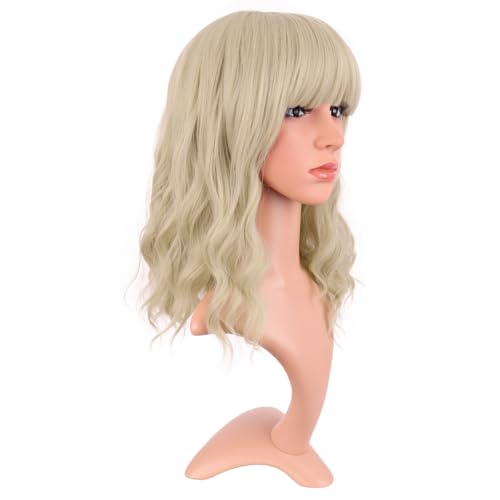 Image of MapofBeauty 14 Inch /35 cm Short Wavy Curly Women Fresh Bright Synthetic Ordinary Flat Bangs Bob Wig (Blonde)