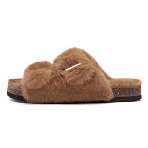 Rainlin Women's Fuzzy Slippers Comfy Cork Footbed Fluffy Slides Open Toe Indoor Outdoor House Shoes with Arch Support2