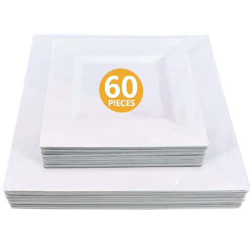 GGYKJSK 60 Pack White Plastic Plates Disposable 30 Dinner & 30 Salad Heavy Duty Square Plates Disposable Dinnerware Set for Party Thanksgiving Wedding & Christmas