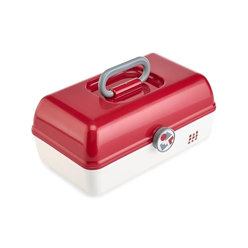 Image of Caboodles School Spirit On-The-Go Girl Makeup Box, Crimson Over White, Hard Plastic Makeup Organizer Box, Built-In Mirror, Secure Latch for Safe Travel, Spacious Storage for Large Items