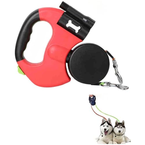 「NexPon」2匹1匹兼用 犬リード 二頭引き 自動巻き 伸縮式 360°回転 ロック式 噛み切れ防止 LEDライト付き ゴミ袋付き 長さ3m 全種類犬使用 大・中・小型犬対応 調整可能 2匹自動、 弧状のハンドルで、長時間握っても疲れません (レッド)