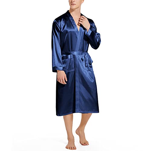 Image of ZUEVI Men's Kimono Robe Silk Satin Long Sleeve Spa Bathrobe Lightweight Soft Silky Pajamas Robes