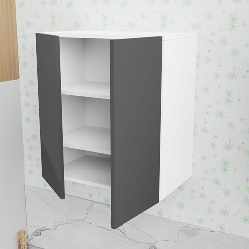 Image of 2 Door Multipurpose Wall Mounted Cabinet with Adjustable & Fixed Shelf | Storage for Modular Kitchen, Bathroom, Office & Living Room | Assembly-DIY | Color-White & Grey | Size-60x33x63.8 Cm