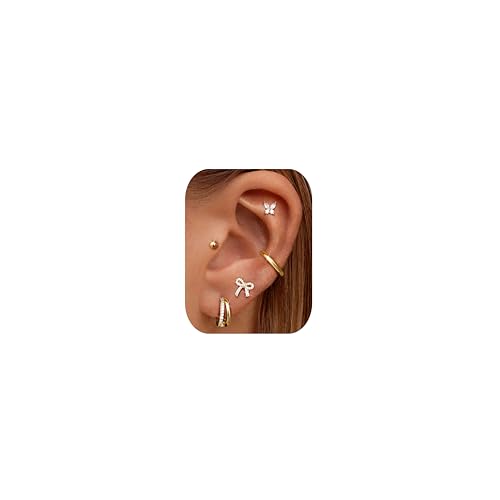 Dochais 5 Paires Boucles d'Oreilles Acier Chirurgical 316L Or pour Femme Hypoallergénique Boucles d'Oreilles Nœud Papillon Petites Boucle d'Oreille Set...