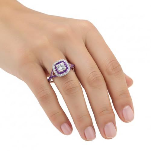 Image of Choose Your Gemstone Delicate Double Halo Diamond CZ Ring Rose Gold Plated Princess Shape Halo Engagement Rings Matching Jewelry Wedding Jewelry Easy to Wear Gifts US Size 4 to 12