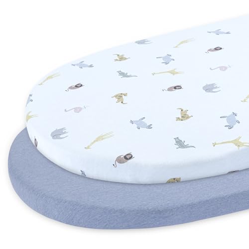 Image of Dreamology Bassinet Sheets,100% Cotton Knitted Jersey,Soft and Durable,2 Pack, Bassinet Sheets Girls,Boys,Universal Fit for Oval,Hourglass or Rectangle Bassinets 17"x32"x4" | Blue and Animals