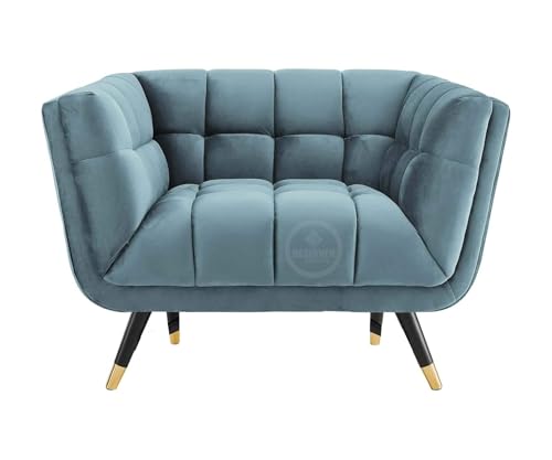 DESIGNER LIBRARY Sheesham Wood Velvet Armchair Sky Blue - Image 3