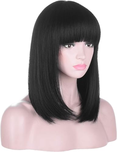 PORSMEER Long Hair Black Wig with Fringe for Women Black Cleopatra Wig Egyptian Queen Wig Natural Straight Bob Synthetic Hair 16 Inches,Halloween Movie Costume Wig - Image 2