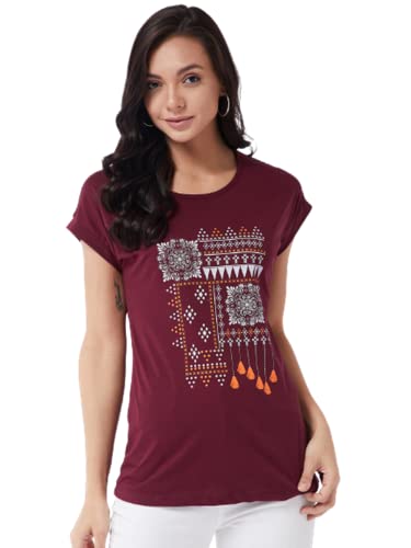 Image of Modeve Women Printed Cotton Blend Half Sleeve Round Neck T-Shirt for Summer