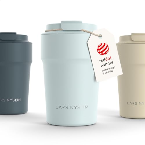 Image of LARS NYSOM Thermo Coffee Mug to go 13oz | Travel Mug 0.38 Liter with Insulation | Silicone grip base | Leak Proof Stainless Steel Tumbler for Coffee and Tea on the Go (Powder Misty Blue, 13oz)