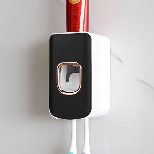 2 Slot Plastic Toothbrush Holder and Toothpaste Dispenser Wall Mounted, Automatic Toothpaste...
