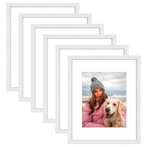 Image of AUEAR 16x20 Picture Frames Set of 6, with Mat for 11x14 or 16x20 without Mat, Composite Wood Gallery Photo Frames with Plexiglass, Wall Mounting (White)