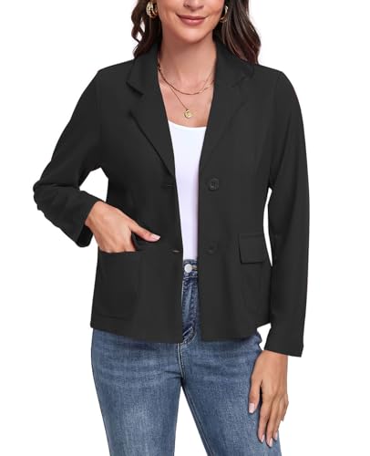 Blazers for Women Casual Long Sleeve Button Front Notched Lapel Work Office Blazers Jacket with Pockets, Black2