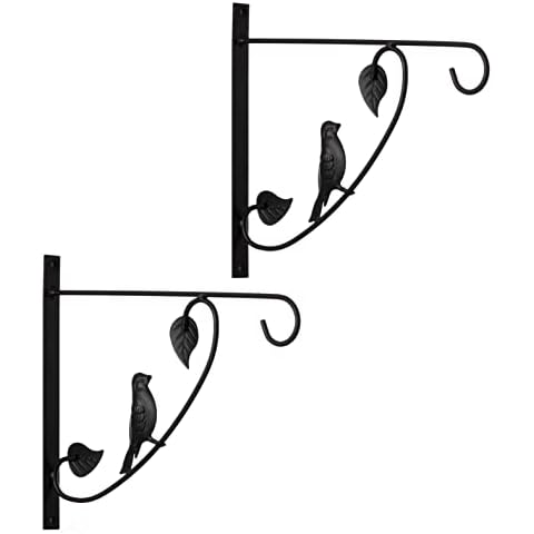 Gardenised Decorative Black Metal Wall Planter Hooks for Hanging Plants and Flower Pots, Set of 2, Wood Cover