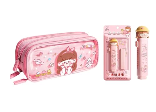 Image of Cute Pink Pencil Pouch with Push-Pull Cartoon Eraser Set | Girls Flower Design Stationery Combo | School Pencil Case & Eraser Kit for Kids, Students & Gifts