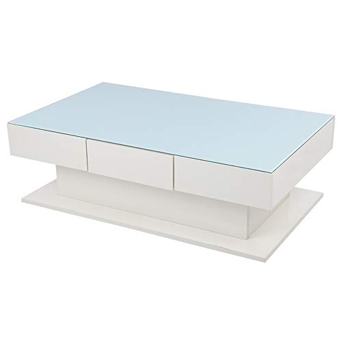 Emoshayoga Modern Small Square White Coffee Table Tempered Glass Side Table with Drawers Household Supplies Central Table with Storage