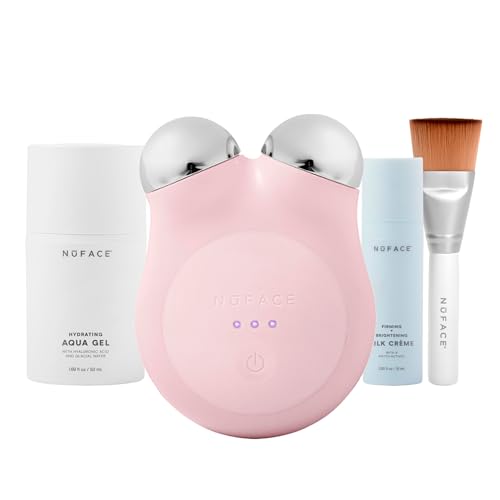NuFACE MINI+ Microcurrent Facial Device Kit - FDA Cleared Face Sculpting & Skin Firming Device to Contour & Tone + Microcurrent Gel Activator Silk Creme & Applicator Brush - Sandy Rose