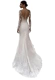 Lace Wedding Dresses with Sleeves 2024 Long Mermaid Off Shoulder V-Neck Backless Lace Applique Tulle Boho Wedding Gowns for Bride White US2