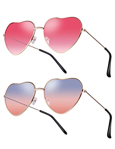 Kiiwah 2 Paires de Lunettes de Soleil Hippies en Coeur Forme de Coeur, Lunette de Soleil Vintage Degradé Rose et Bleu pour Accessoire de Déguisement Femme et Hommes