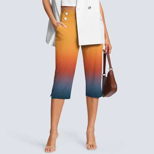 Womens Capri Pants for Summer Printed Gradient Color Fashion 2025 Trousers Loose Fashion Button Capris with Pockets4