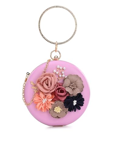 Image of TOOBA Handicraft Women's Round Shape Clutch Bag Purse | Floral Bag, Bridal Purse & Party Handbag Design with Ring Handle - Wedding & Special Occasion Clutch