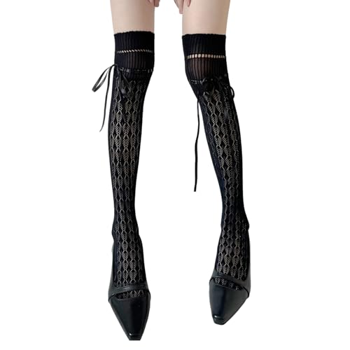 Bas résille cuisse haute avec motifs de ballet lacés, finitions premium sur le genou