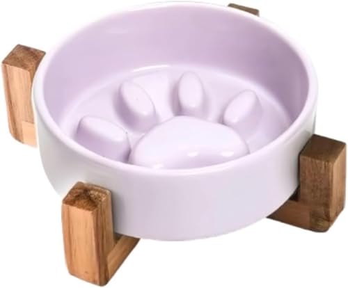BQQB 早食い防止 食器 ペット ボウル 台 フードボウルスタンド犬 猫食器 陶器 犬猫用 餌入 木製 ペット皿 滑り止め 安定感 取り外し可能 (直口スローフードボウル 窯変ライトパープル+木製ス)