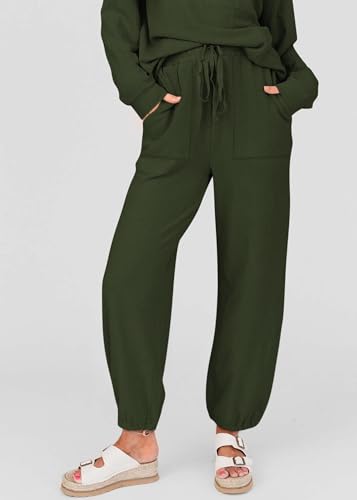 KIRUNDO Lounge Sets for Women 2026 Fall Airport Travel Outfits Ribbed Knit Tops Jogger Pants Tracksuit Postpartum Comfy Set(Army Green, Large) — view 5