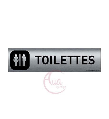 AUA SIGNALETIQUE - Plaque Aluminium brossé imprimé AluSign DARK - 200x50 mm - Double Face adhésif au dos (Toilettes H/F)