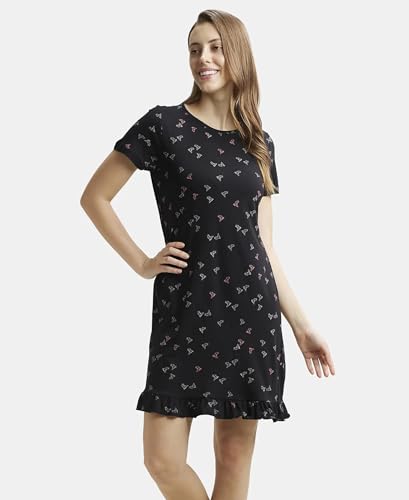 Image of Jockey RX25 Women Micro Modal Cotton Ruffled Hem Styled Half Sleeve Printed Sleep Dress (Colors & Prints May Vary)