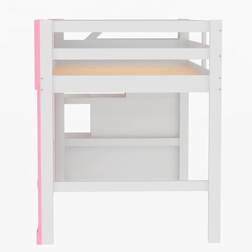 VilroCaz Playhouse Design Twin Size Loft Bed with Storage Staircase and Windows, Solid Wood Loft Bed Frame with Safety Guardrail for Kids Teens Boys Girls, Space-Saving (Pink-3)