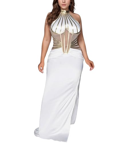 Image of Jigfar Women's Sexy Elegant Rhinestone Halter Mesh See Through Bodycon Formal Maxi Dress(FK3380,White,XXL)