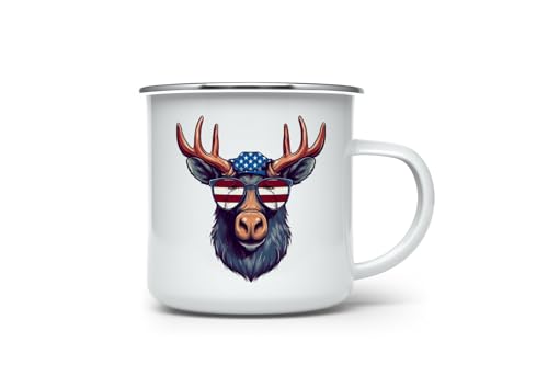 MAXIKIWI - Taza esmaltada duradera para café o té para uso en interiores y exteriores - Bandera de Estados Unidos de alce hipster - 350 ml MAXIKIWI - Taza esmaltada duradera para café o té para uso en interiores y exteriores - Bandera de Estados Unidos de alce hipster - 350 ml