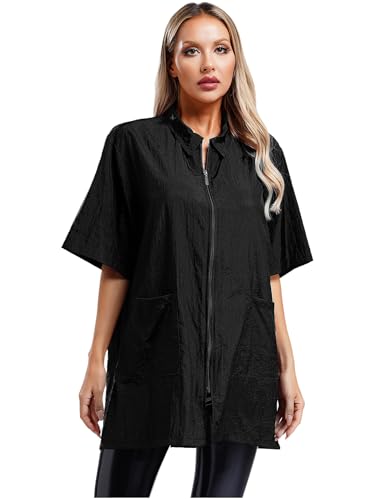easyforever Adult Waterproof Barber Jacket with Side Pocket Turn-Down Short Sleeve Salon Smock