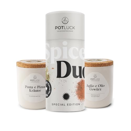 POTLUCK I Bella Italia 2er Geschenkset I 2 Gewürze Pasta e Pizza und Aglio e Olio I Wiederverwendbarer Keramiktopf I Gesunde Ernährung, Lecker Essen für zu Hause