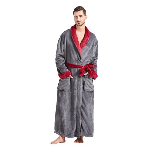 Image of FashGudim Mens Robes Big and Tall Full Length Plush Fleece Long Robe for Men Bathrobe Shawl Collar Warm Winter House Robes