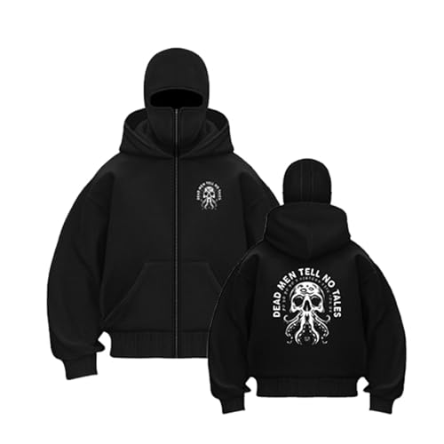 QJDFLL Cagoule Ninja à Capuche zippée avec Cagoule intégrée, Veste Double, Sweat Masque, Coupe-Vent, Hiver(Black,M)