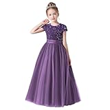 dideyttawl Puffy Wisteria Junior Bridesmaid Dresses Shining Sequins Tulle Flower Girl Dress Satin Bow Floor Length Sparkly Birthday Party Gown Girls Size 6