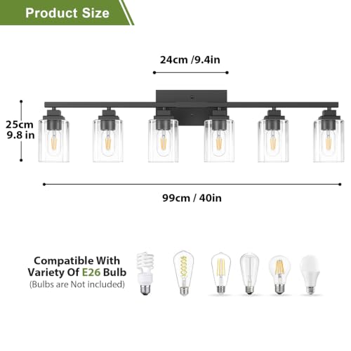 Image of Matte Black Bathroom Light Fixtures, 6-Light Vanity Lights over mirror