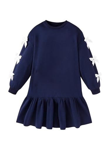 SweatyRocks Girl's Cute Bow Knot Dress Long Sleeve Drop Shoulder Ruffle Hem Sweatshirt Dresses