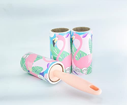 Image of House of Quirk Lint Rollers Brush Reusable Sticky Picker Cleaner Roller Easy-Tear Sheets Pet Hair Lint Roller 10cm Sheet Set of 3 Rolls 180 Sheets, 60 Sheets Each roll - Pink Flamingo