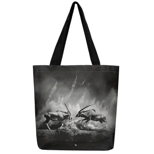 Castle Fairy Goat Animal Canvas Bag,African Fighting Wildlife Reusable Grocery Bag,Western Farmhouse Large Capacity Shopping Gym Bag